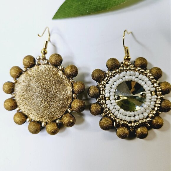 2/$27 | Gold Sparkle Shield Beaded Indigenous Native Hoop Earrings | Handmade - Picture 7 of 8